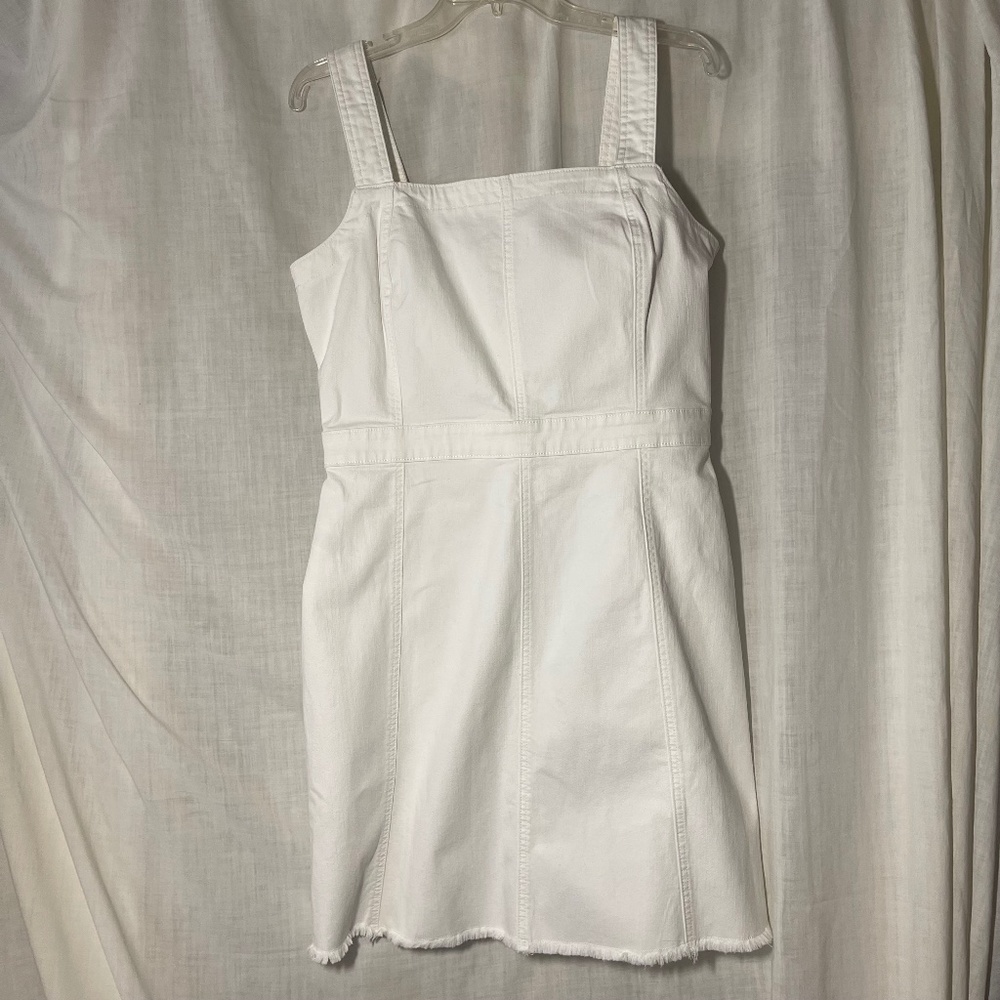 LOFT Women’s jumper dress. White denim size 8. Fringe hem. New with tags.